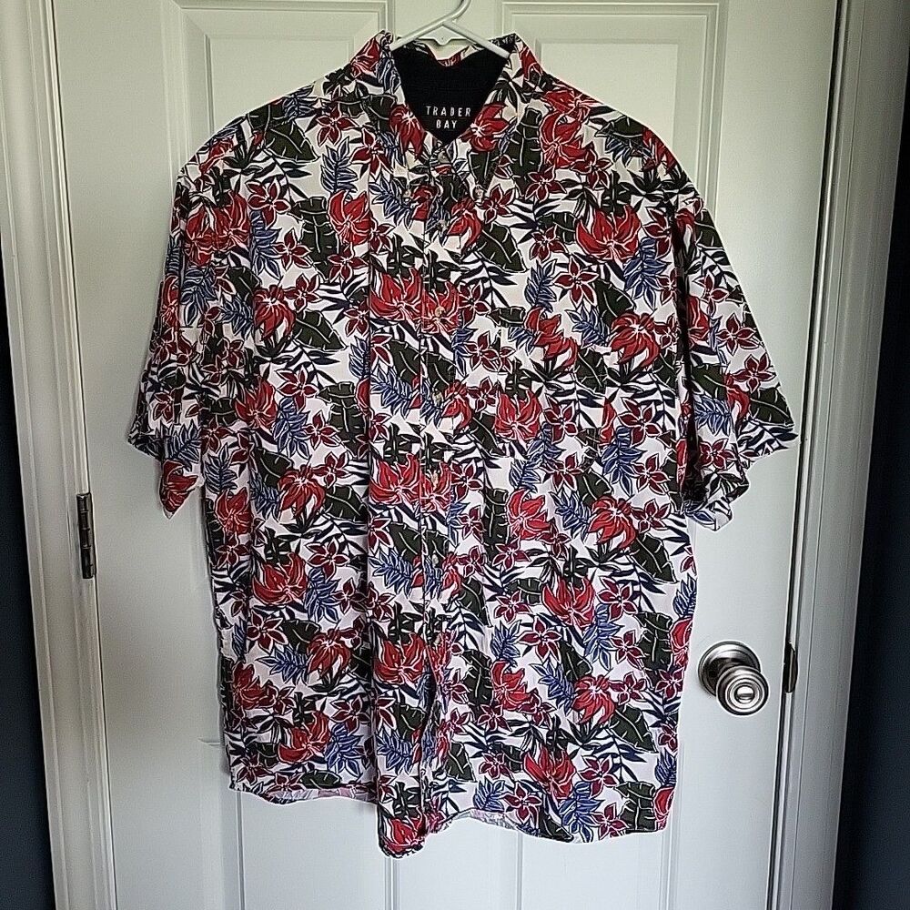 90's Y2K Trader Bay Hawaiian Shirt Men's XL Tropical Floral 100% Cotton‎